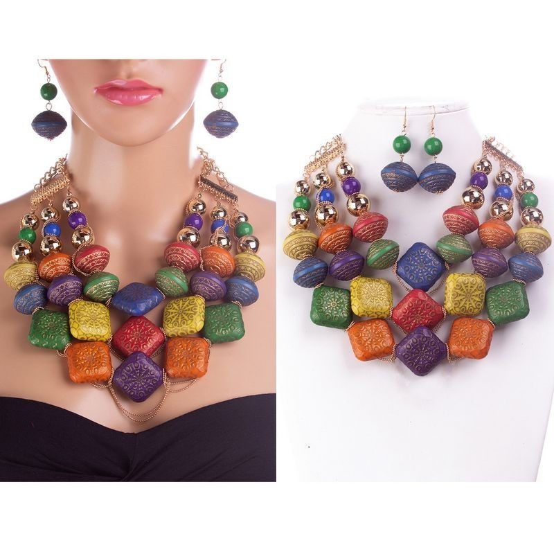 TRIBAL 3LINE BEAD CHARMS COLLAR NECKLACE SET SLN3141 > Fashion