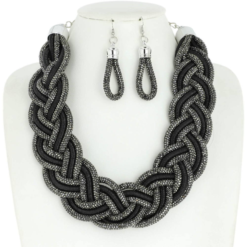 TRENDY RHINESTONE BRAIDED ROPE STATEMENT NECKLACE & EARRINGS SET