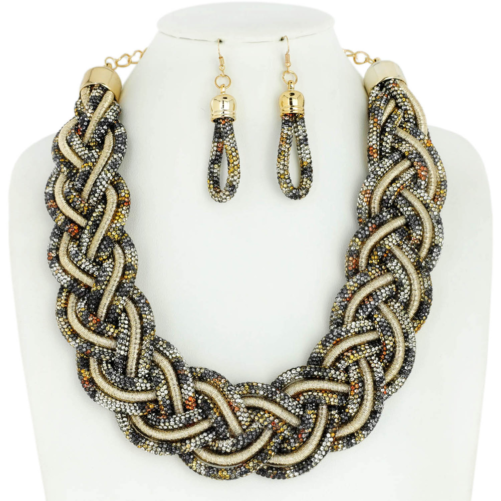 TRENDY RHINESTONE BRAIDED ROPE STATEMENT NECKLACE & EARRINGS SET