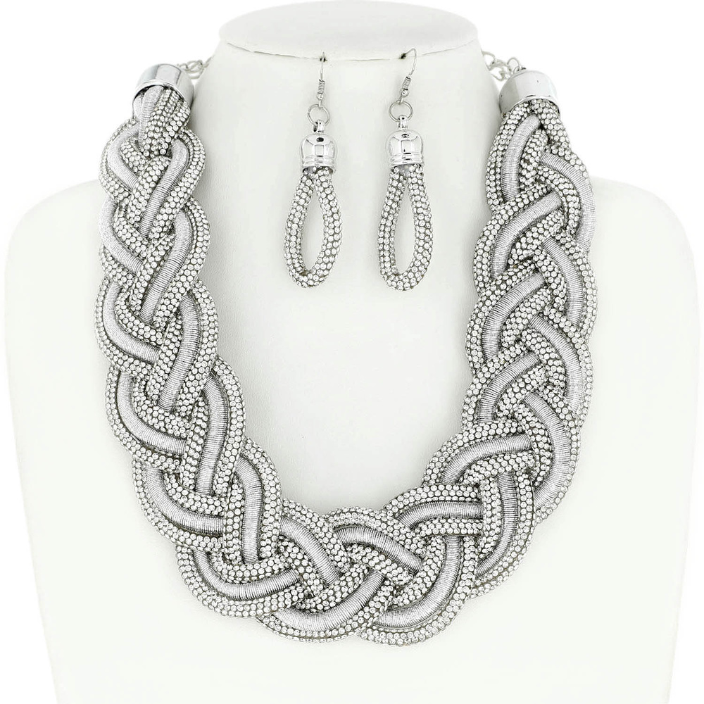 TRENDY RHINESTONE BRAIDED ROPE STATEMENT NECKLACE & EARRINGS SET