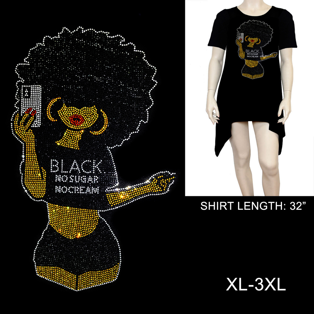 "BLACK NO SUGAR NO CREAM" RHINESTONE Short-Sleeved SHIRT