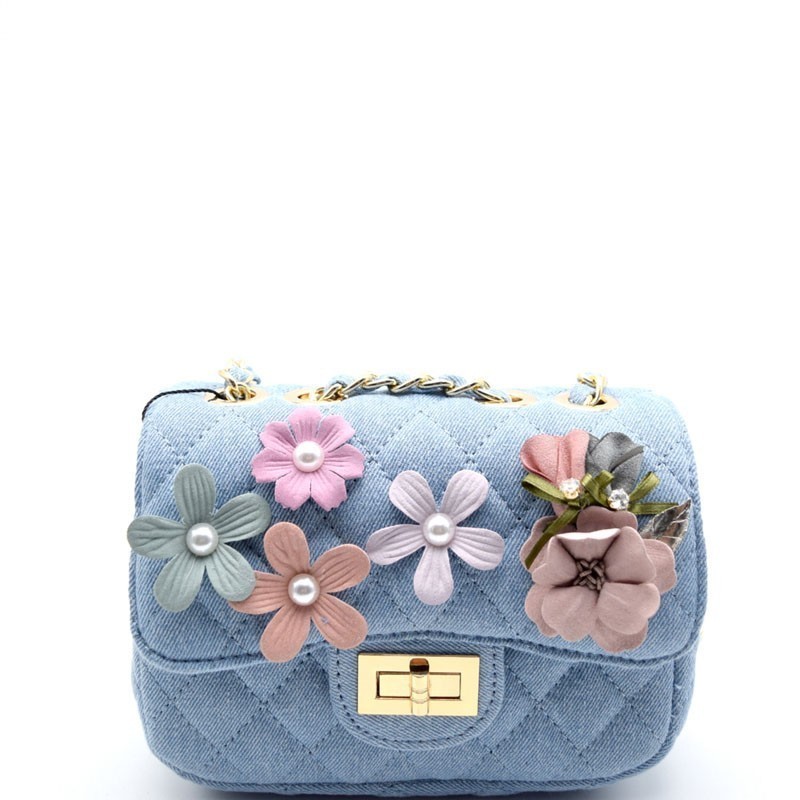 BGS48769-LP MMS Pearly Flower Quilted Denim Shoulder Bag > Classic Bags,  Monogram > Mezon Handbags