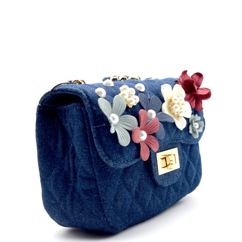 BGS48769-LP MMS Pearly Flower Quilted Denim Shoulder Bag > Classic Bags,  Monogram > Mezon Handbags