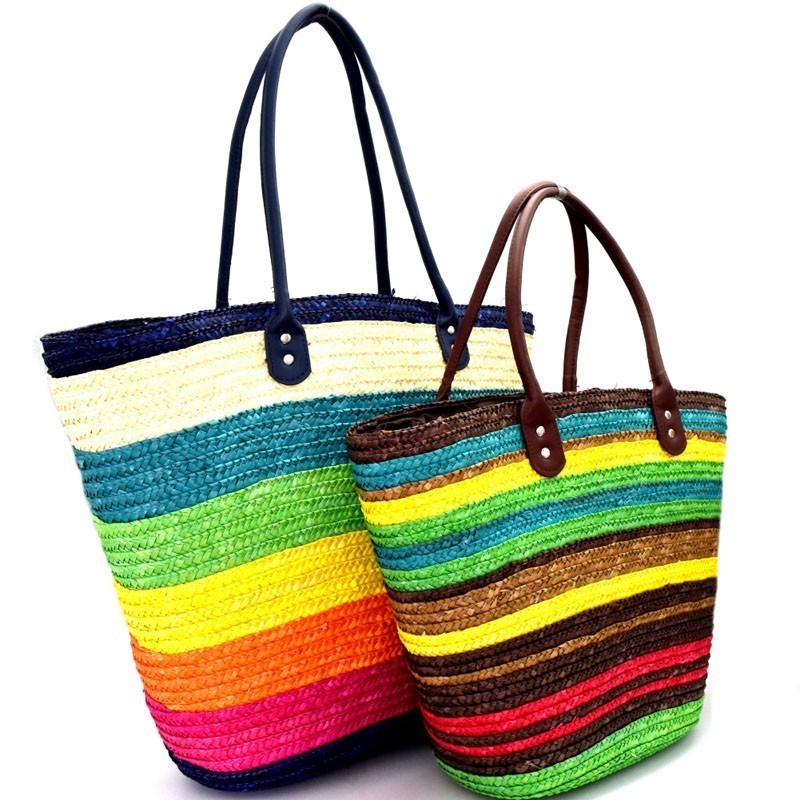 CZR004-LP Multi-Color Stripe Patterned Straw 2 in 1 Twin Tote SET &gt; Fashion Handbags &gt; Mezon ...