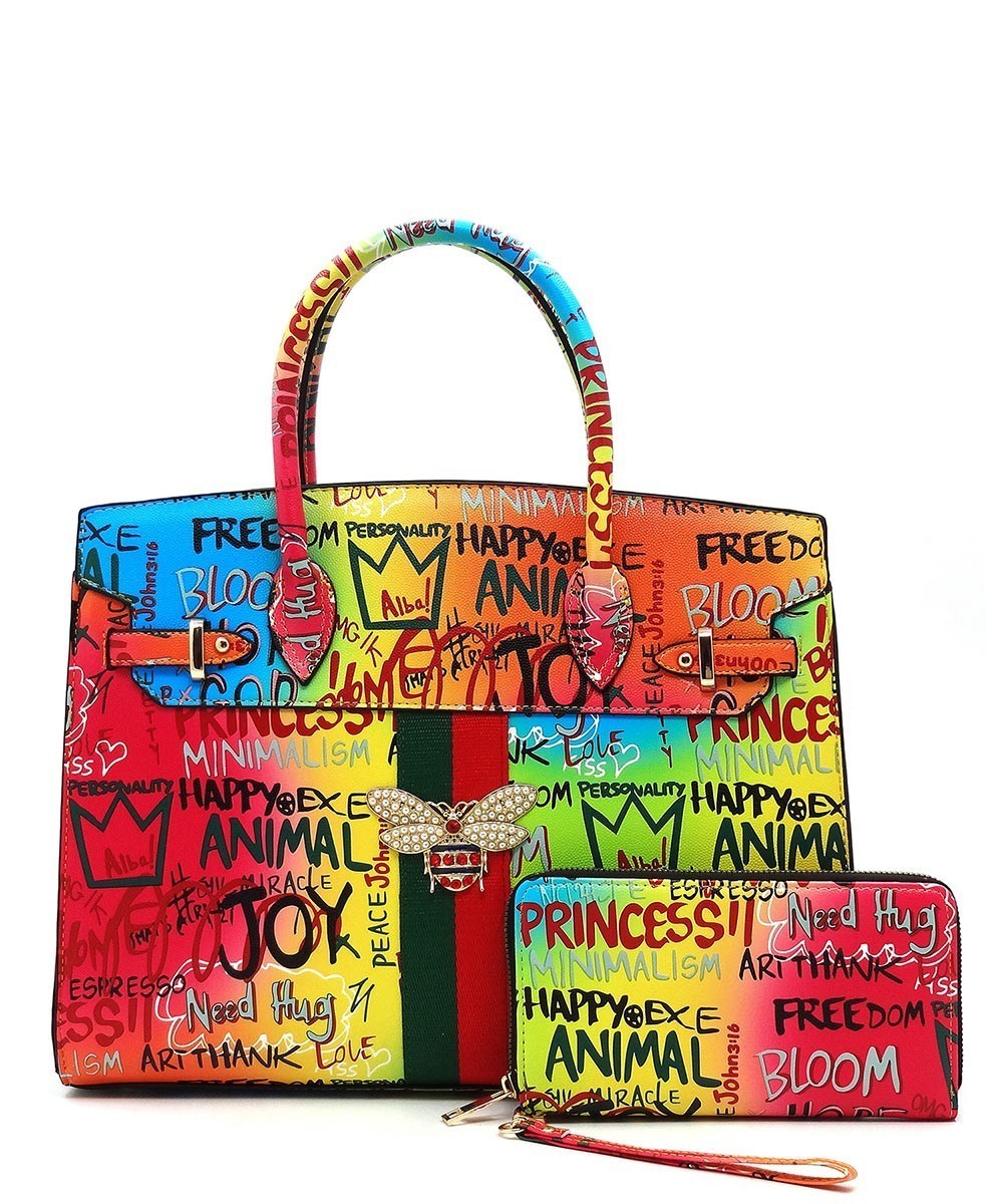 Graffiti Bee Charm Stripe 2-in-1 Satchel > Fashion Handbags