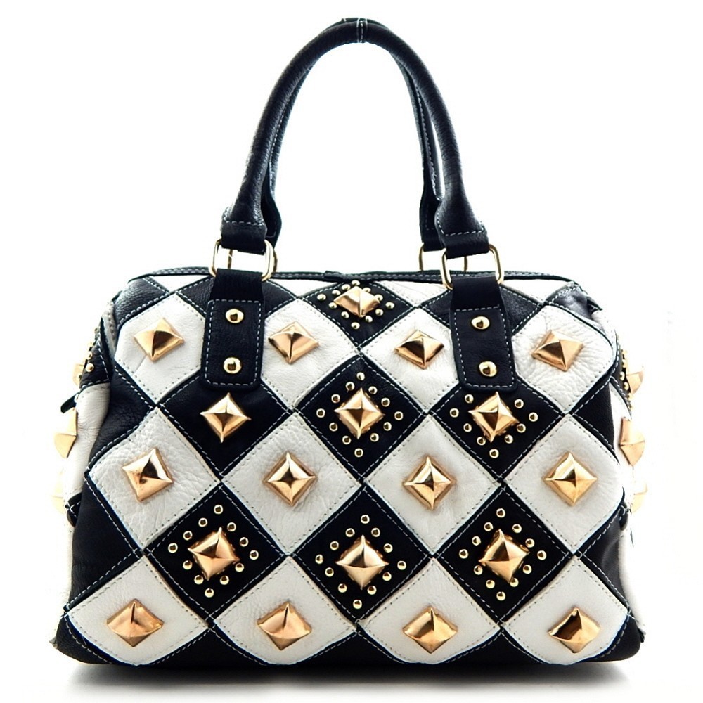 Multi-colored Studded Genuine Leather Patchwork Satchel &gt; Genuine Leather &gt; Mezon Handbags