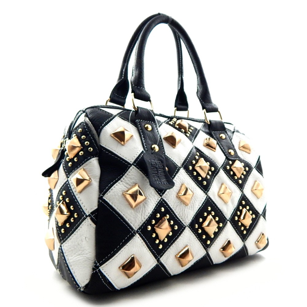 Multi-colored Studded Genuine Leather Patchwork Satchel &gt; Genuine Leather &gt; Mezon Handbags