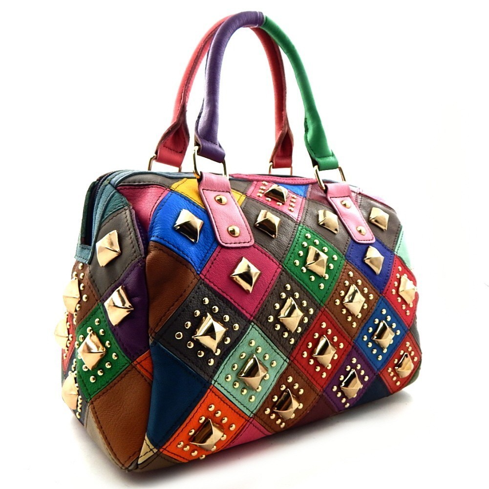 Multi-colored Studded Genuine Leather Patchwork Satchel &gt; Genuine Leather &gt; Mezon Handbags