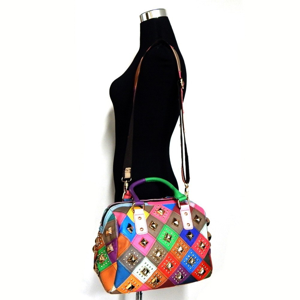 Multi-colored Studded Genuine Leather Patchwork Satchel &gt; Genuine Leather &gt; Mezon Handbags