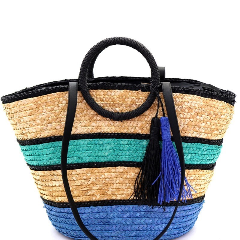 Fashionable Multi-Color Striped Straw Round Handle 2-Way Tote MH-PP6883 &gt; Satchel &gt; Mezon Handbags