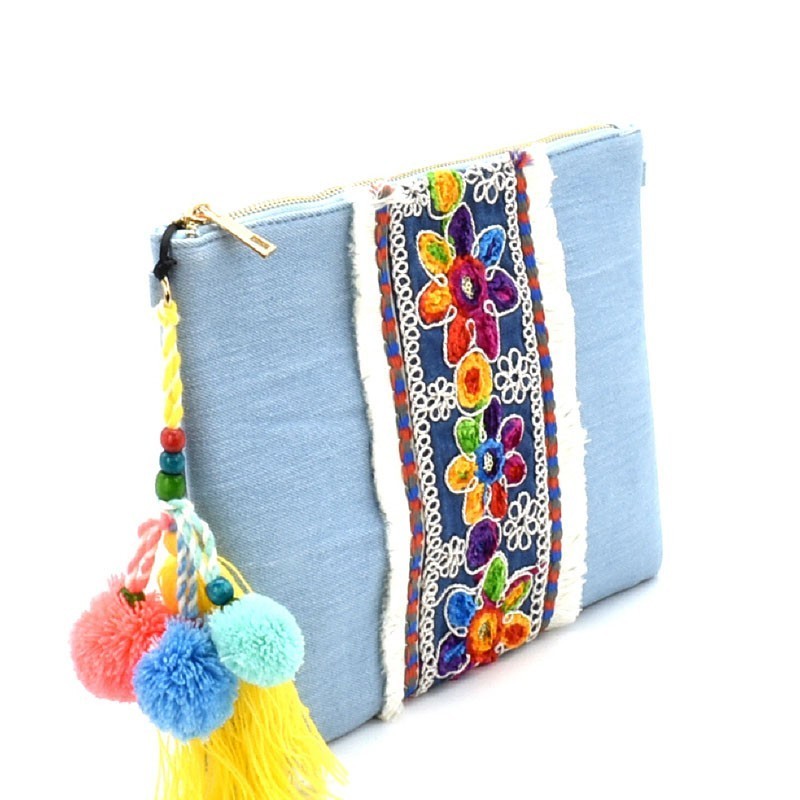 PPC5474-LP Colorful Thread Tassel Bohemian Embroidery Denim Clutch >  Evening Bags > Mezon Handbags