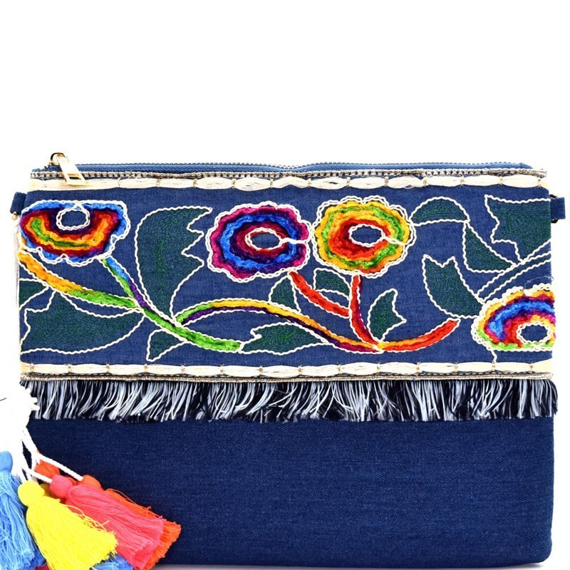 PPC5474-LP Colorful Thread Tassel Bohemian Embroidery Denim Clutch >  Evening Bags > Mezon Handbags