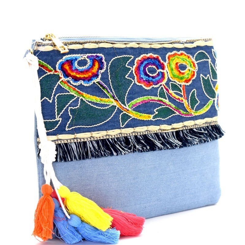 PPC5474-LP Colorful Thread Tassel Bohemian Embroidery Denim Clutch >  Evening Bags > Mezon Handbags