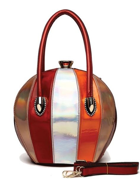 Patent GOLD Multi Stripe Round Ball Shape Top Handle Crossbody