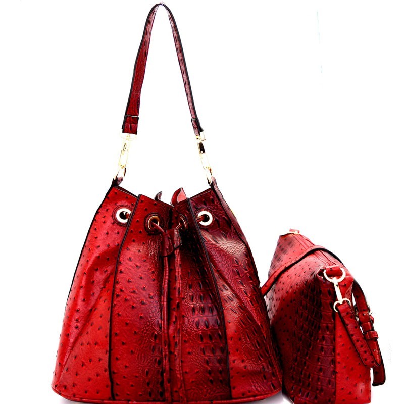 L0131-LP Uniquely Folded 2 in 1 Ostrich Drawstring Bucket Shoulder Bag >  Boutique Handbags > Mezon Handbags
