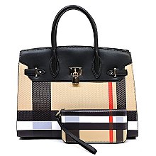 Plaid Check Print Pad-lock 2-in-1 Satchel