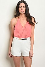 Plunging Wrapped Neckline and a Belt Detail Accented Romper - Pack of 6 Pieces