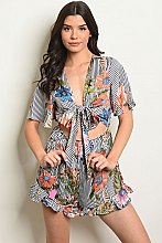 Short Sleeve V-neck Tie and Cut Out Detail Floral Ruffled Romper - Pack of 6 Pieces