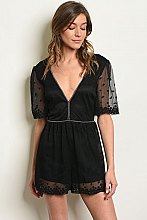 Short Sleeve V-neck All Over Tulle Lace Romper - Pack of 6 Pieces
