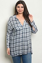 Plus Size Long Sleeve V-neck Plaid Tunic Top - Pack of 6 Pieces