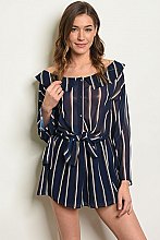 Long Sleeve Collar Neck Striped Belted Romper - Pack of 6 Pieces