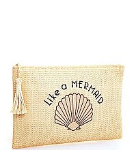 CHIC NATURAL WOVEN CANVAS LIKE A MERMAID PRINT SHELL ACCENT CLUTCH JYHB471