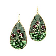 Rhinestone and Bead Cork Texture Metal Teardrop Novelty Cactus Earring
