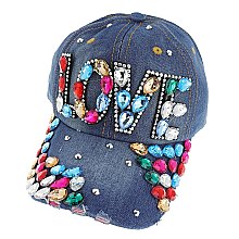"LOVE" Large Colorful Gems Stoned on Distressed Denim Cap