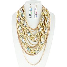 TRENDY MULTI LAYERED CHAIN AND GEM STONE CHUNKY NECKLACE AND EARRINGS SET