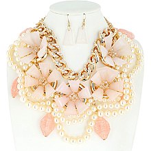 CHIC CHUNKY FLOWER PEARL AND CHAIN BIB STATEMENT NECKLACE AND EARRINGS SET