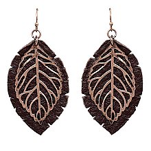 Trendy Metal Filigree Layer Leather Leaf Earrings MH-QE4502