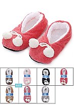 PACK OF 12 CUTE ASSORTED POM POM INDOOR FUZZY SLIPPER