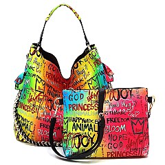 Fashionable Multi Graffiti 2-in-1 Bucket Shoulder Bag Hobo Set