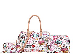 Graffiti HEART -LOVE Print 3-Pieces Set Boston Satchel - 3 IN ONE