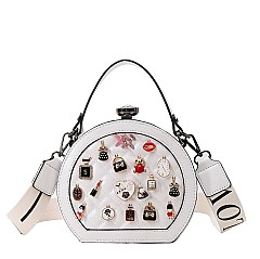 Charming 3D Accented Round Frame Stoned Satchel-Clutch