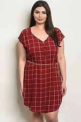 Plus Size Short Sleeve Scoop Neck Checkered Belted Dress - Pack of 6 Pieces