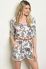 3/4 Sleeve V-neck Paisley Print Belted Romper - Pack of 6 Pieces