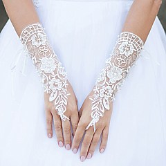 FASHIONABLE FINGERLESS APPLIQUE LACE BRIDAL GLOVES W/ PEARLS SLGLV941