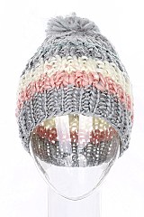 Pack of 12 Three Tone Pompom Beanies