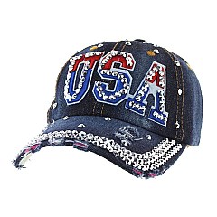 Crystal USA Embellished Fashion Denim Cap