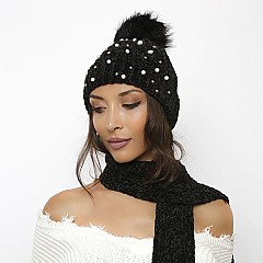 Soft Ribbed Beanie and Scarf Set With Pearl Beads