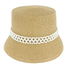 TRENDY PAPER BRAID BUCKET HAT WITH PEARL STRIP