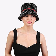 Rhinestone Paper Braided Bucket Hat With Trendy Stripe