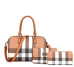 3 in 1 PLAID Print Boston Satchel Clutch Wallet SET