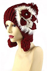 Pack of 12 (pieces) Assorted Faux Fur Flower Accent Knit Pom Pom Beanie FM-MHA2549