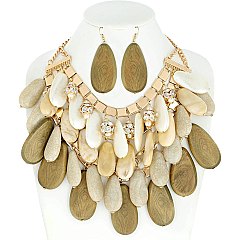 CHARMING CHUNKY AGATE STONE AND WOOD TEARDROP CHAIN BIB STATEMENT NECKLACE AND EARRINGS SET