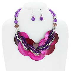 FASHION DISK AND TWISTED MULTI BEADED NECKLACE EARRING SET