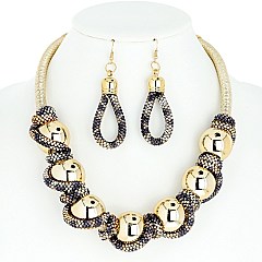 TWISTED CHUNKY BALL RHINESTONE NECKLACE AND EARRINGS SET