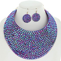 LARGE RHINESTONE BIB CHOKER STATEMENT NECKLACE SET