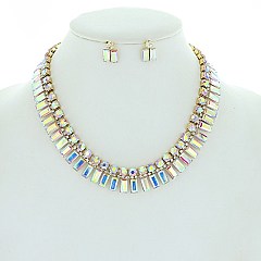 Sparkly Baguette Crystal Rhinestone Necklace Earring Set